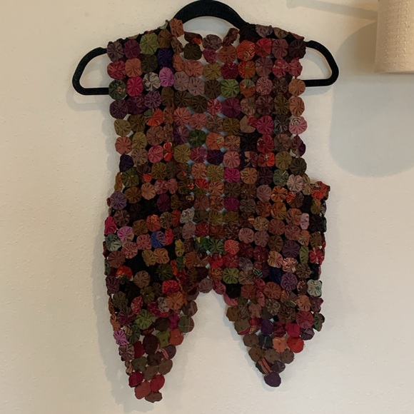 Vintage Handmade Yo-yo Brown Multicolor Boho Patchwork Vest OOAK - Picture 8 of 10